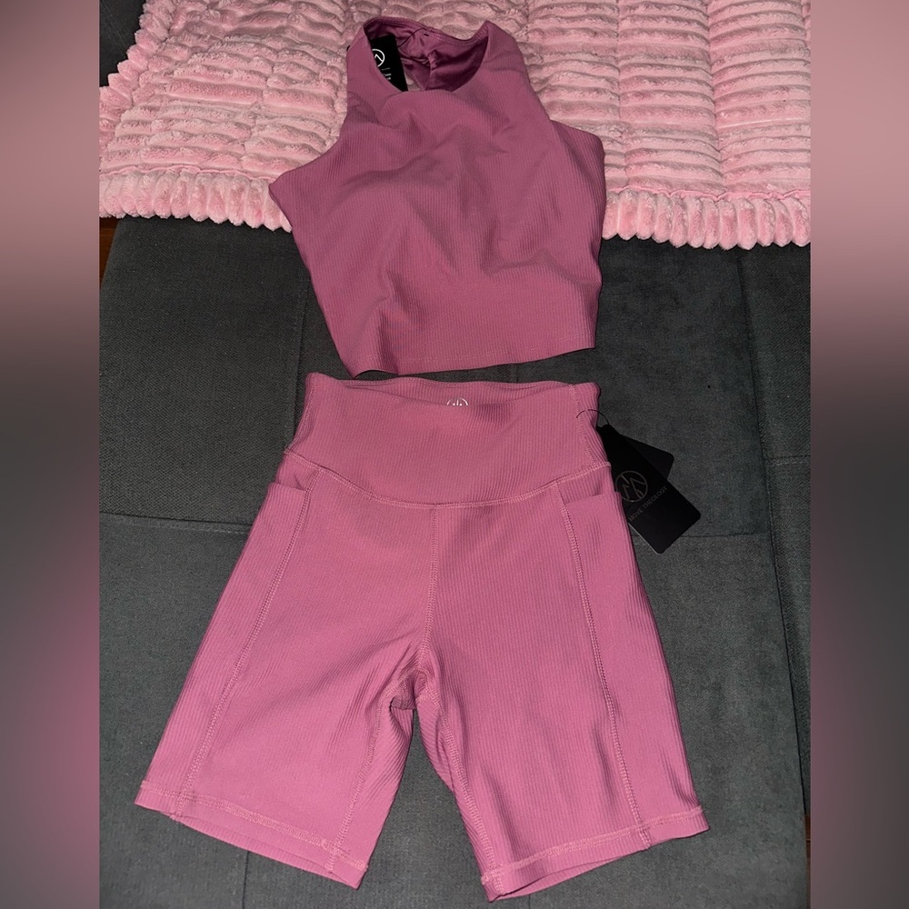 Ribbed Mauve Pink Workout Set XS – Crop Tank & Biker Shorts Gym Outfit